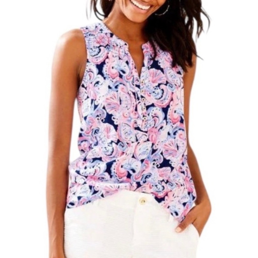 Lilly Pulitzer Essie Sleeveless Henley Top Pink Blue Medium
